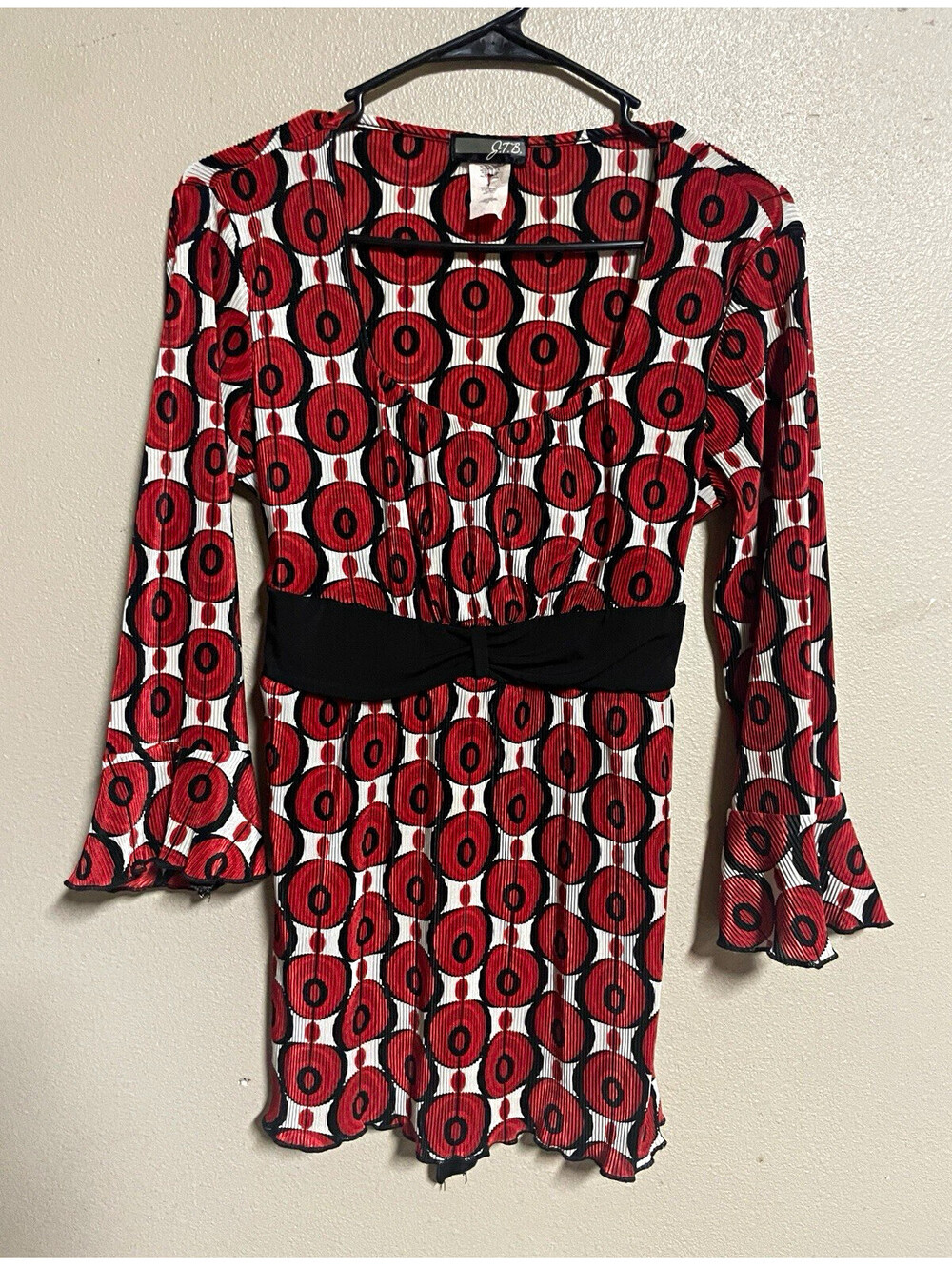 J.T.B. M Red White Black Geometric Scoop Neck 3/4 Bell Sleeve Tie Blouse vintage